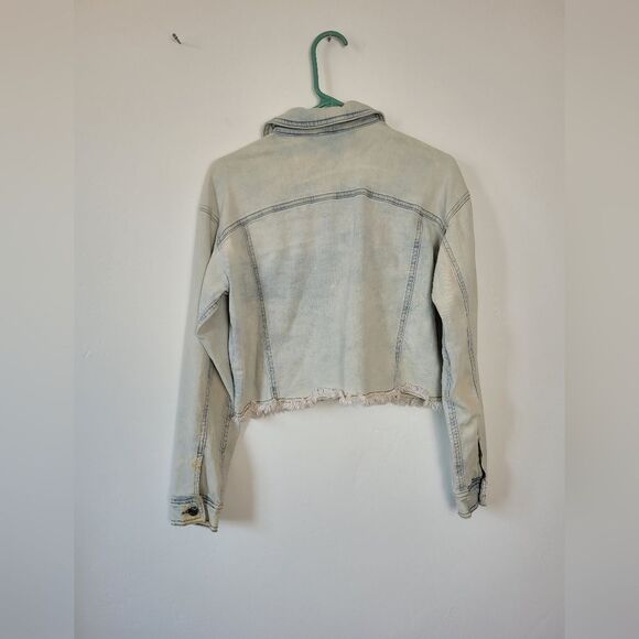 Venus Cropped Acid Wash Denim Jean Jacket Fringe Trim Grunge 90s Biker Small - Picture 7 of 14